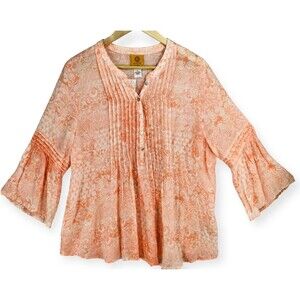 Ruby Rd. NEW Peasant Top Women's Large Pin Tuck Babydoll Flared Sleeves Peach
